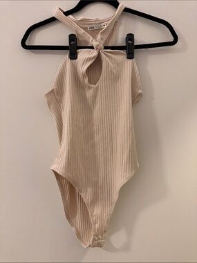Zara Cream Ribbed Halter-Keyhole One-Piece